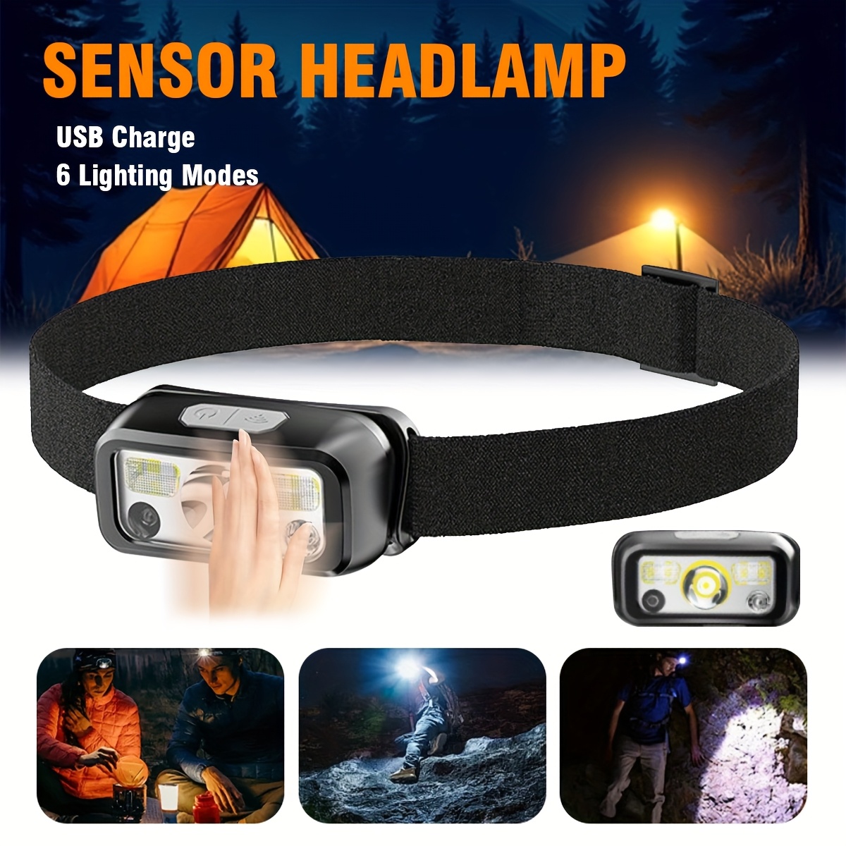 Headlamp Waterproof Rechargeable - ไฟหน้าแบบเซ็นเซอร์ LED COB อันทรงพลัง ไฟหน้าแบบชาร์จ USB