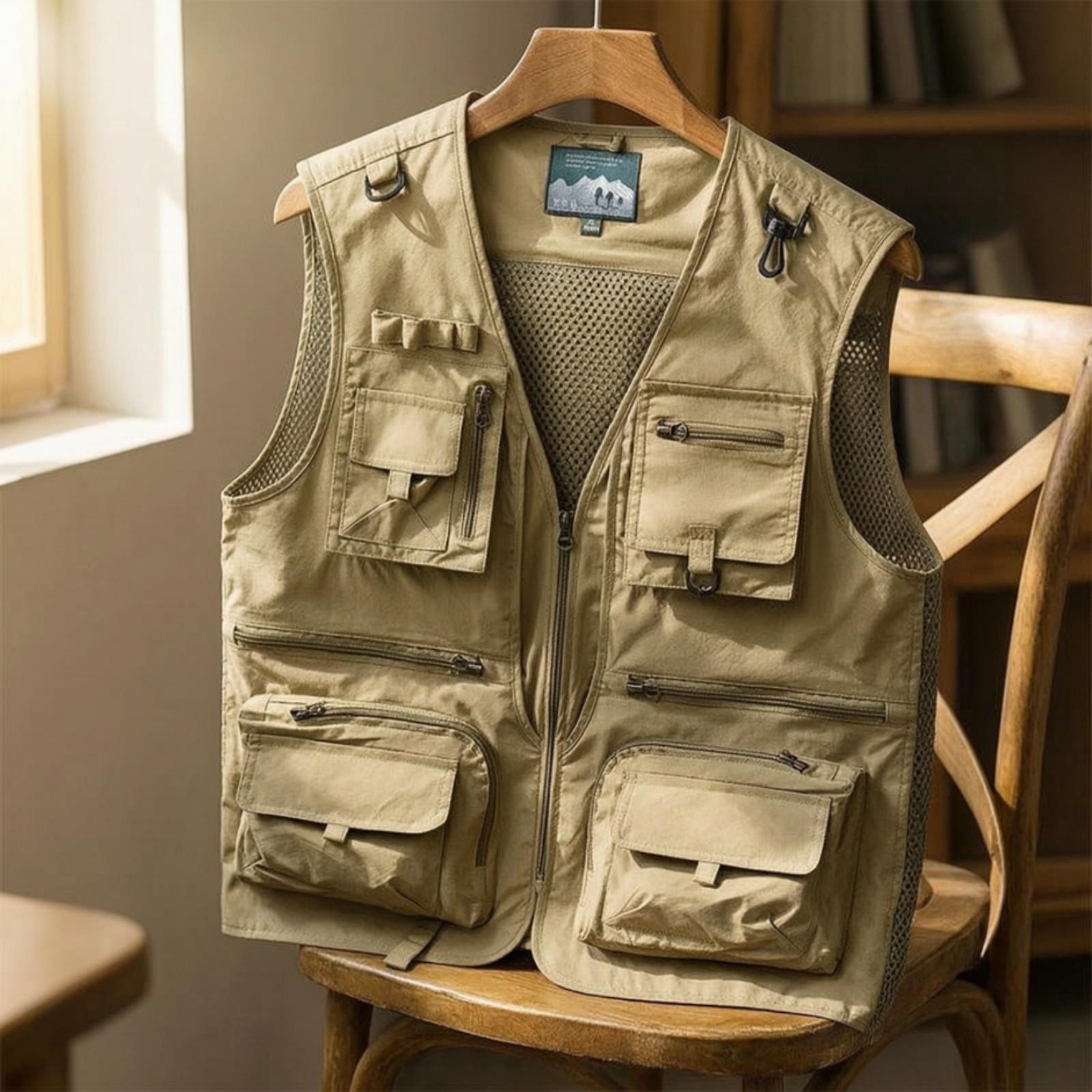 Outdoor Adventure Vest - เสื้อกั๊กผู้ชายแบบไม่มีแขน ผ้าไนลอนโพลีเอสเตอร์ แห้งเร็ว พร้อมกระเป๋าซิป สำหรับการผจญภัยกลางแจ้ง