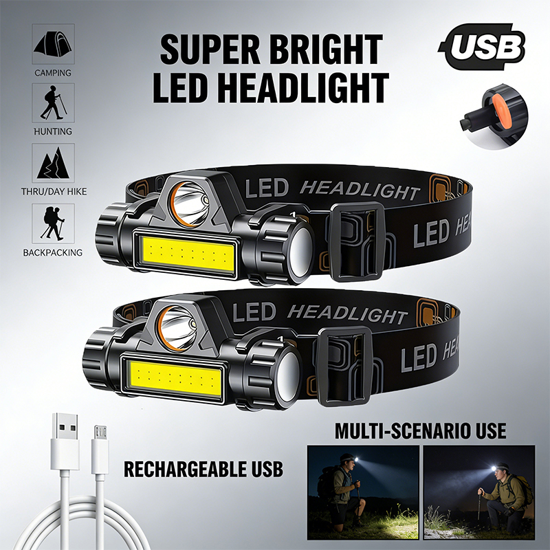 Headlamp Waterproof Rechargeable - ไฟหน้า LED สว่างพิเศษแบบชาร์จไฟได้ ไฟฉายกันน้ำพร้อม XPE COB